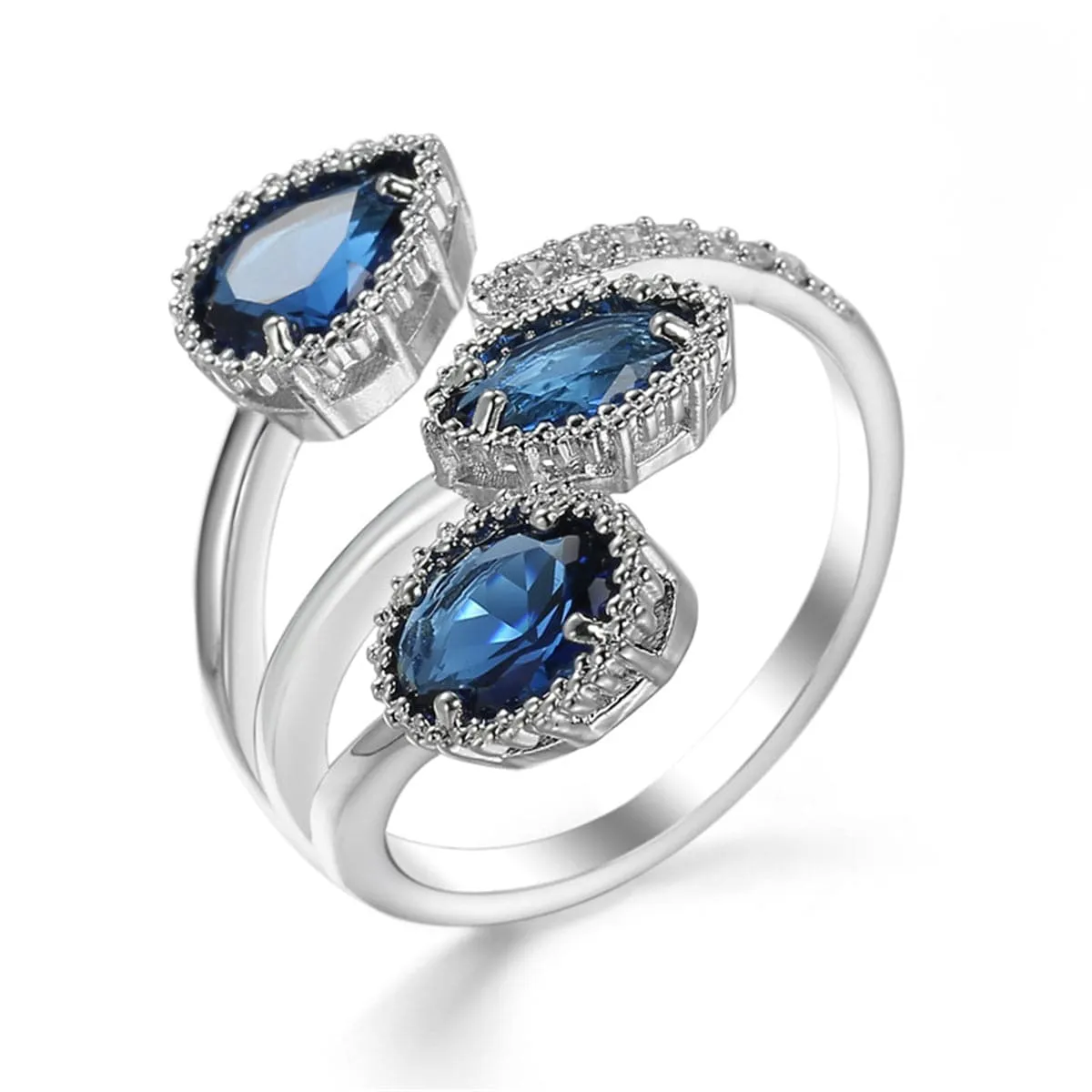 Navy Crystal & Silver-Plated Rattan Three-Stone Bypass Ring