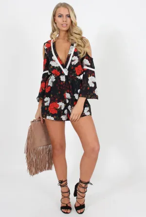 Navy Floral Cold Shoulder Playsuit - Sophia