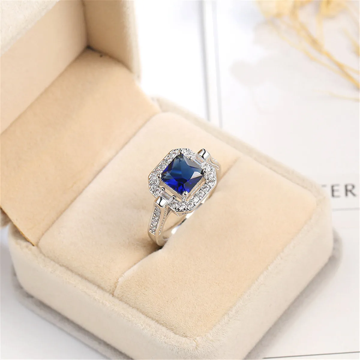Navy Princess Crystal & Cubic Zirconia Square Halo Ring