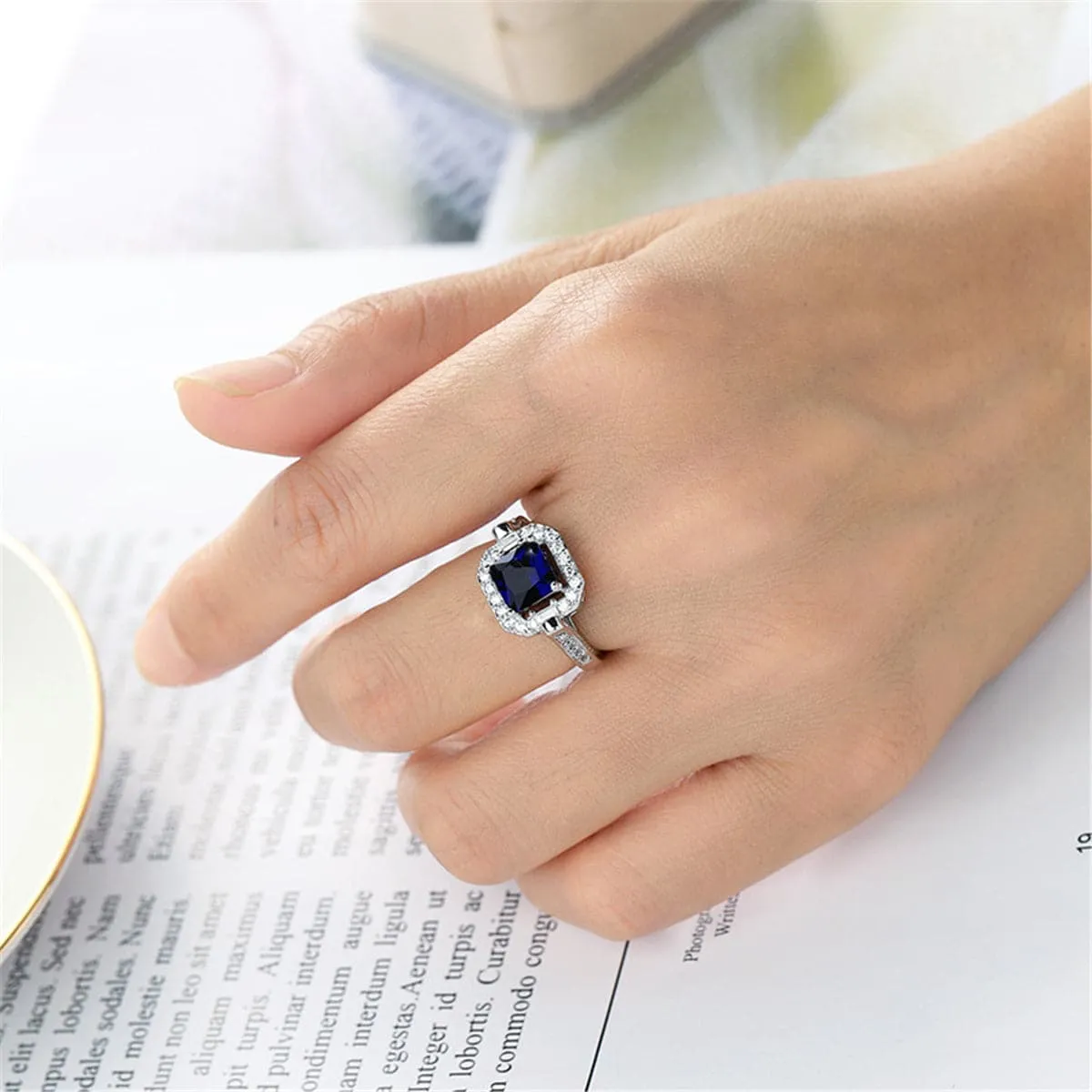 Navy Princess Crystal & Cubic Zirconia Square Halo Ring