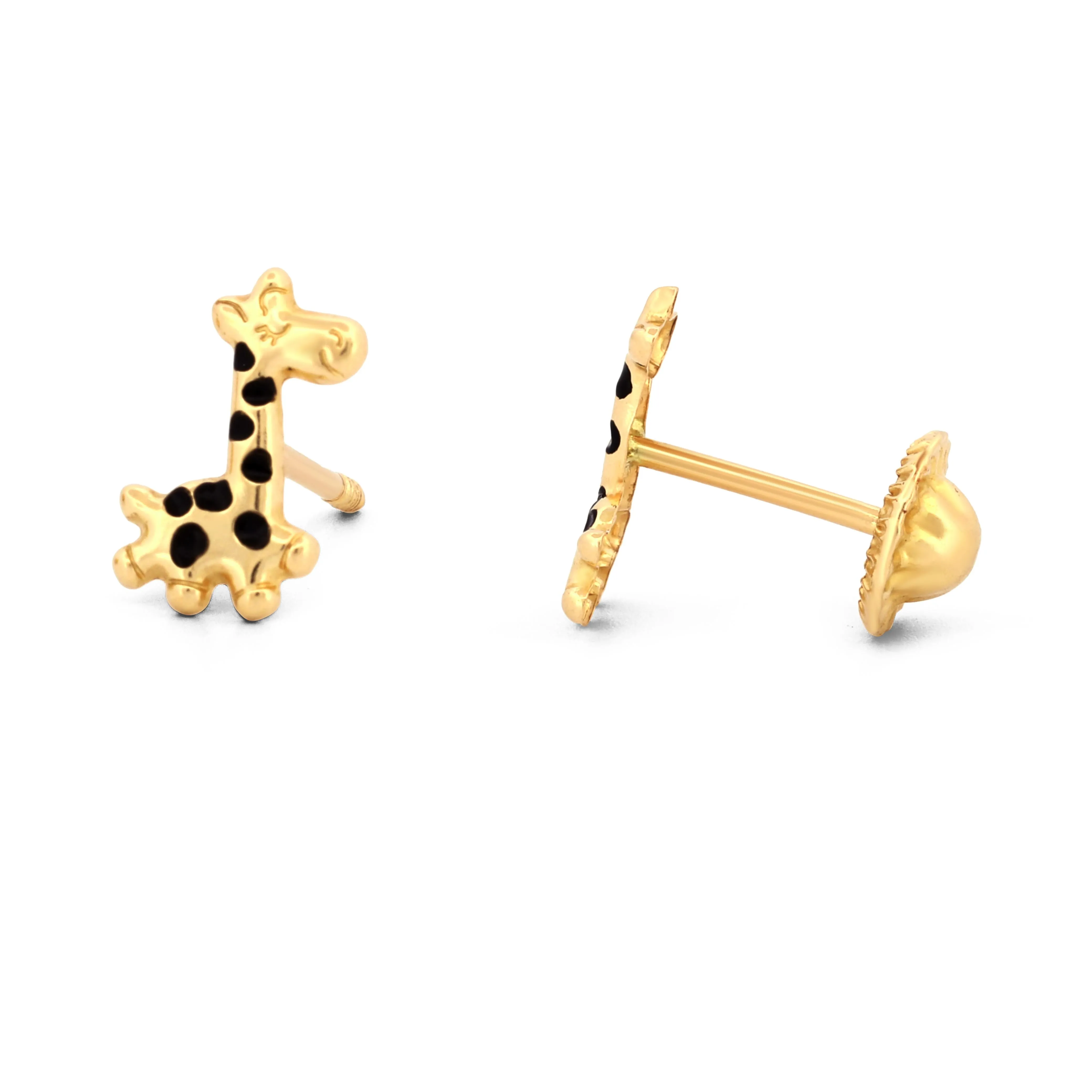 New 14k Yellow Gold Giraffe Stud Earrings with Enamel and Screw-Backs