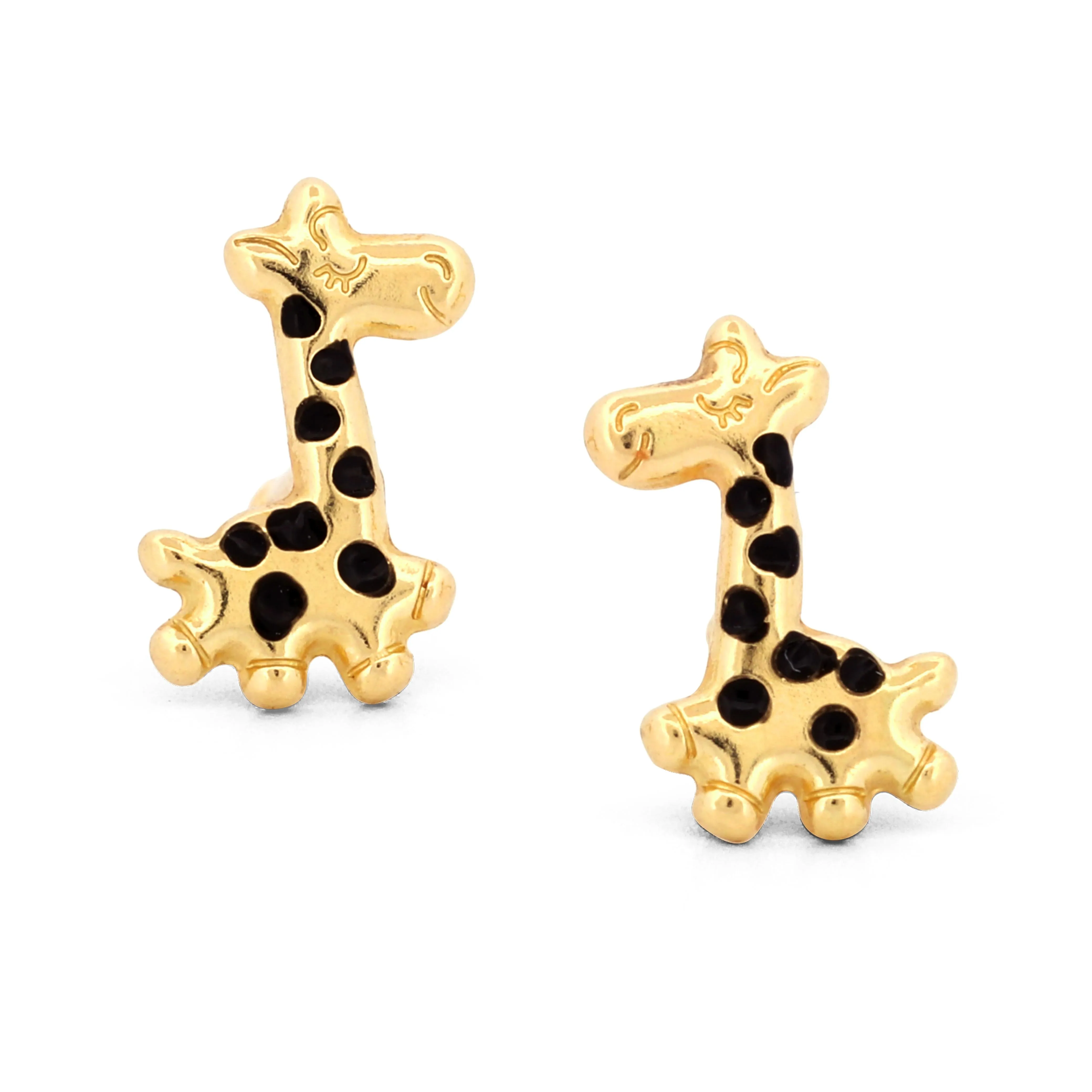 New 14k Yellow Gold Giraffe Stud Earrings with Enamel and Screw-Backs