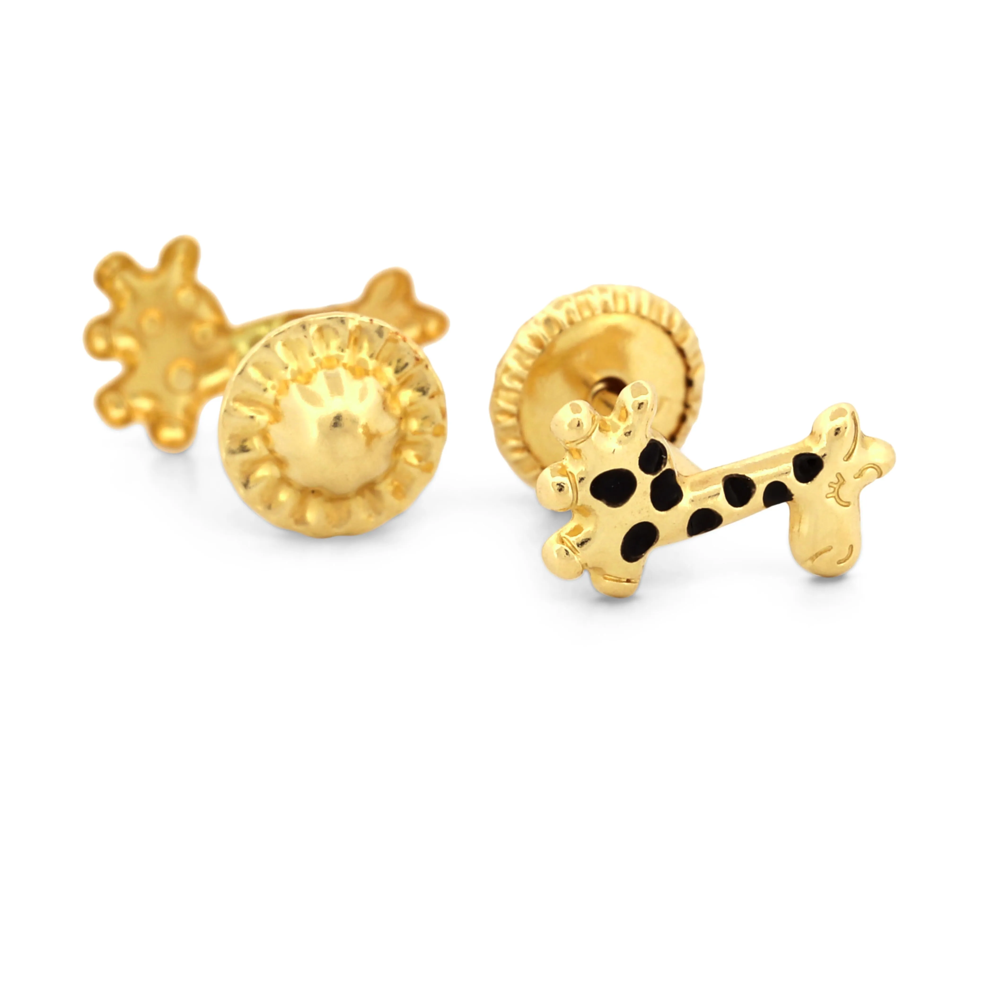 New 14k Yellow Gold Giraffe Stud Earrings with Enamel and Screw-Backs