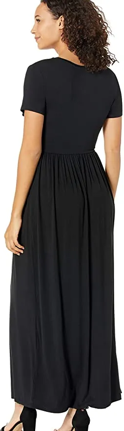 New Amazon Essentials Women's Short-Sleeve Waisted Maxi Dress in Black, Sz S!