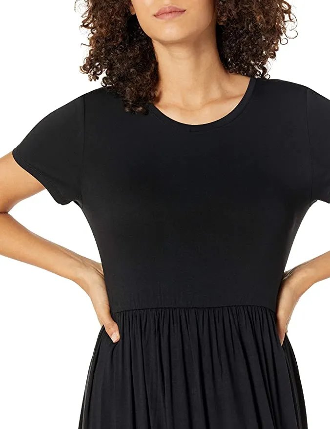 New Amazon Essentials Women's Short-Sleeve Waisted Maxi Dress in Black, Sz S!