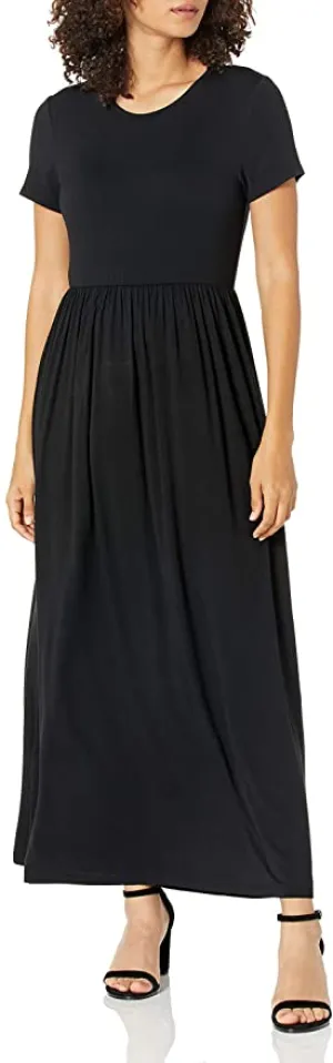 New Amazon Essentials Women's Short-Sleeve Waisted Maxi Dress in Black, Sz S!