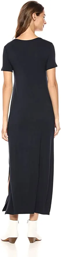 New Daily Ritual Women's Jersey Standard-Fit Crewneck Short Sleeve Maxi Dress with Side Slit in Navy, Sz XL!