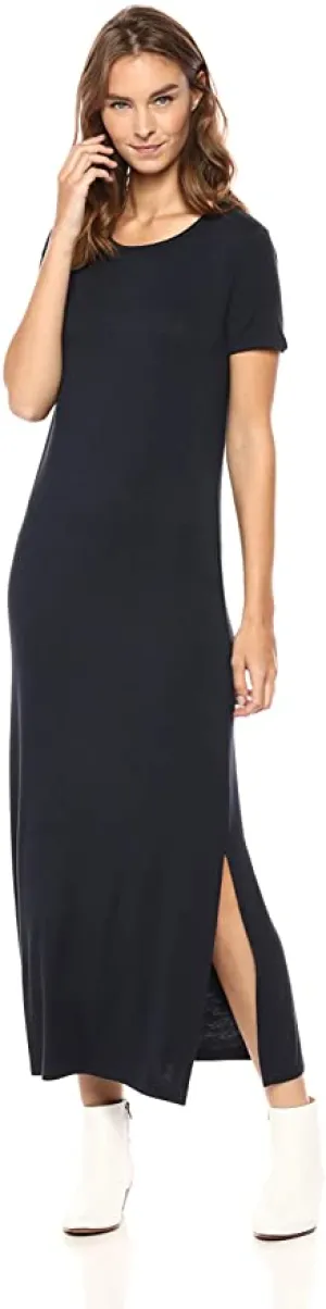 New Daily Ritual Women's Jersey Standard-Fit Crewneck Short Sleeve Maxi Dress with Side Slit in Navy, Sz XL!