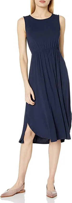New Daily Ritual Women's Jersey Standard-fit Sleeveless Gathered Dress in Navy, Sz M!