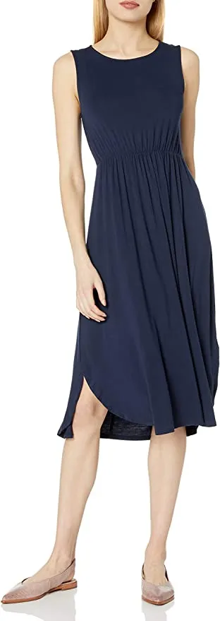 New Daily Ritual Women's Jersey Standard-fit Sleeveless Gathered Dress in Navy, Sz M!