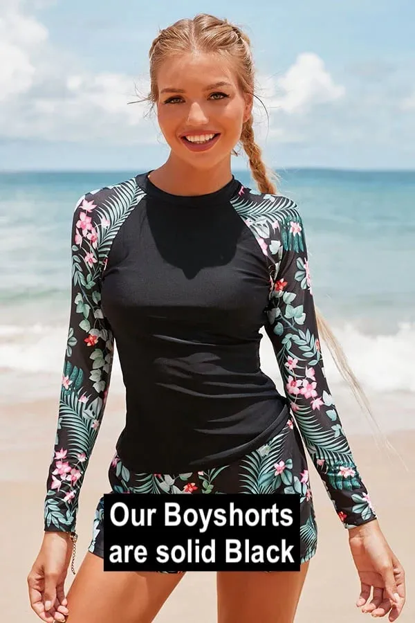 NEW Floral Print Long Sleeve Split Two Pieces UPF50  Rash Guard, Sz XXL, our boy shorts are solid black! Retails $64