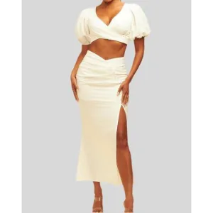 NEW LUXXEL puff sleeves top and button detail skirt set in white sand