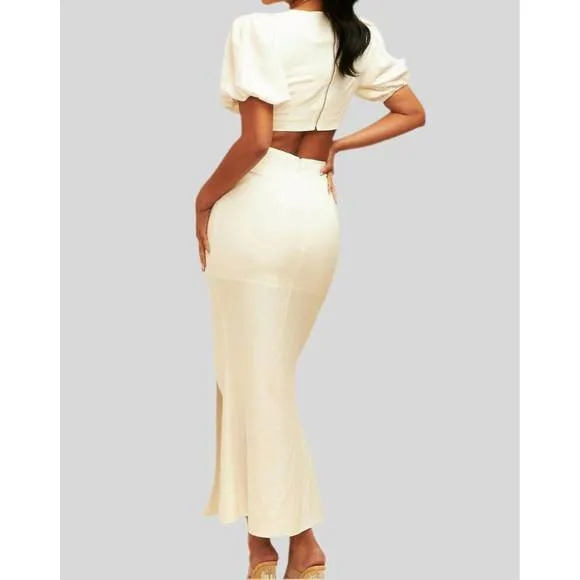NEW LUXXEL puff sleeves top and button detail skirt set in white sand