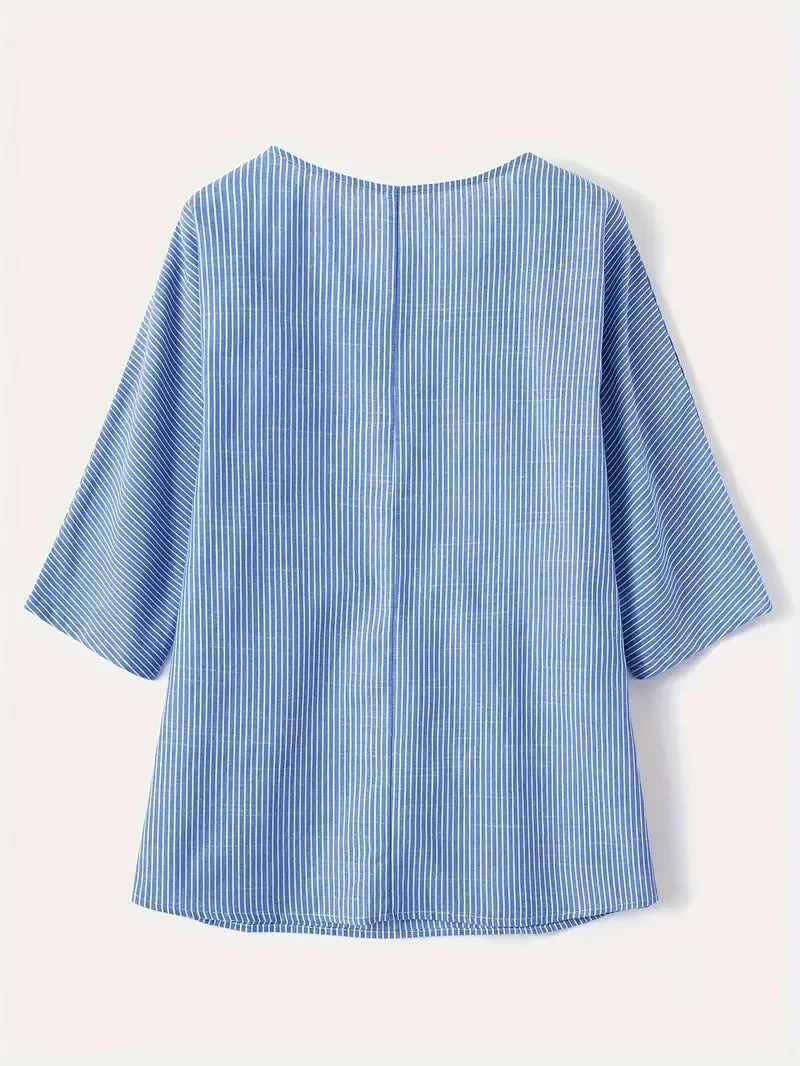 NEW Striped Print 3/4 Sleeve Blouse, Casual Crew Neck Loose Blouse, Women's Clothing, Sz 3XL