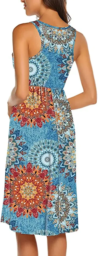 New Women's Mandala Print Summer Dress Casual Sleeveless Flowy Sun Dress with Pockets, pattern as shown in main pic! Size Medium