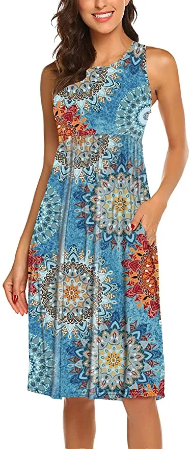 New Women's Mandala Print Summer Dress Casual Sleeveless Flowy Sun Dress with Pockets, pattern as shown in main pic! Size Medium