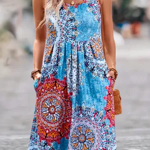 New Women's Mandala Print Summer Dress Casual Sleeveless Flowy Sun Dress with Pockets, pattern as shown in main pic! Size Medium
