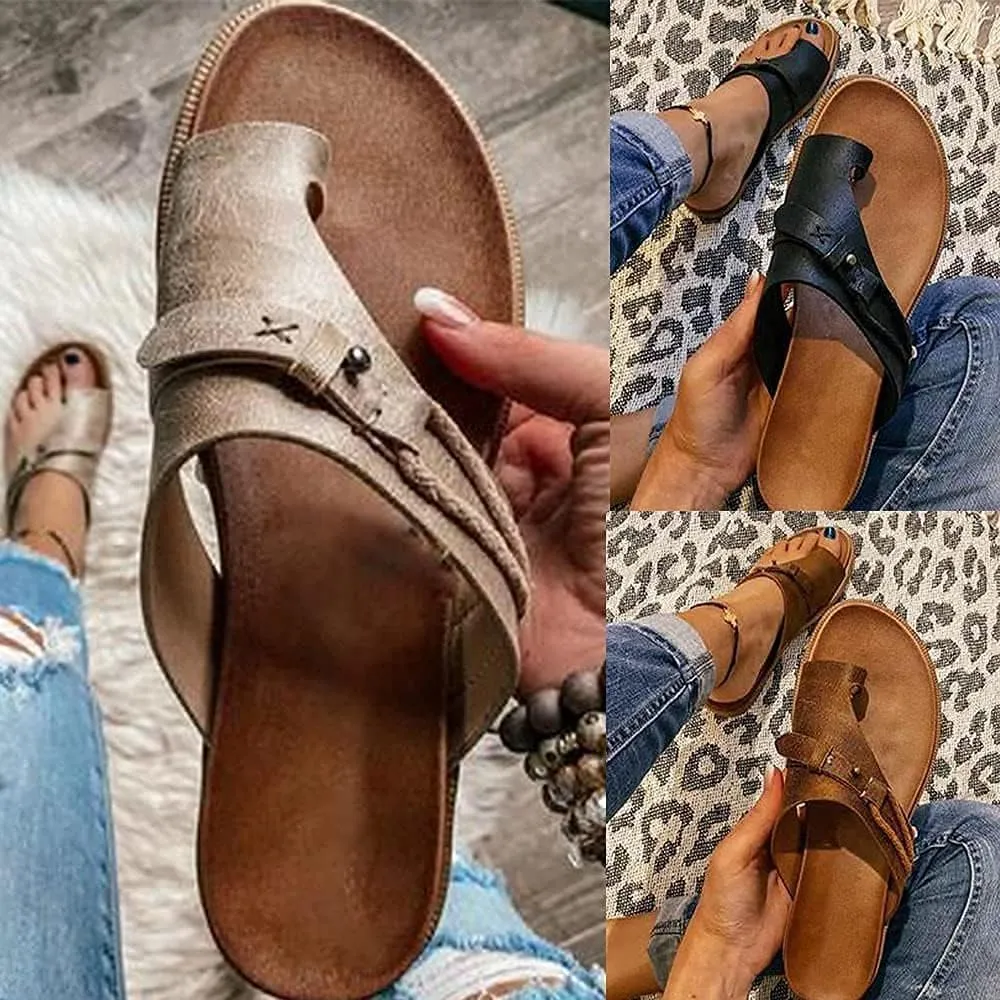 NEW Women's Orthopedic Correction Leather Ring Toe Casual Bunion Slippers Summer Casual Beach Sandals Flat Heel Flip Flops, Black, Sz 9.5