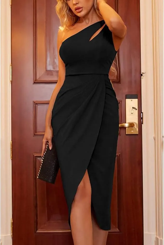 NEW Women's Sexy One Shoulder Dress Sexy Hollow Out Sleeveless Ruched Wrap Classic Midi Club Party Dress, Black, Sz XXL