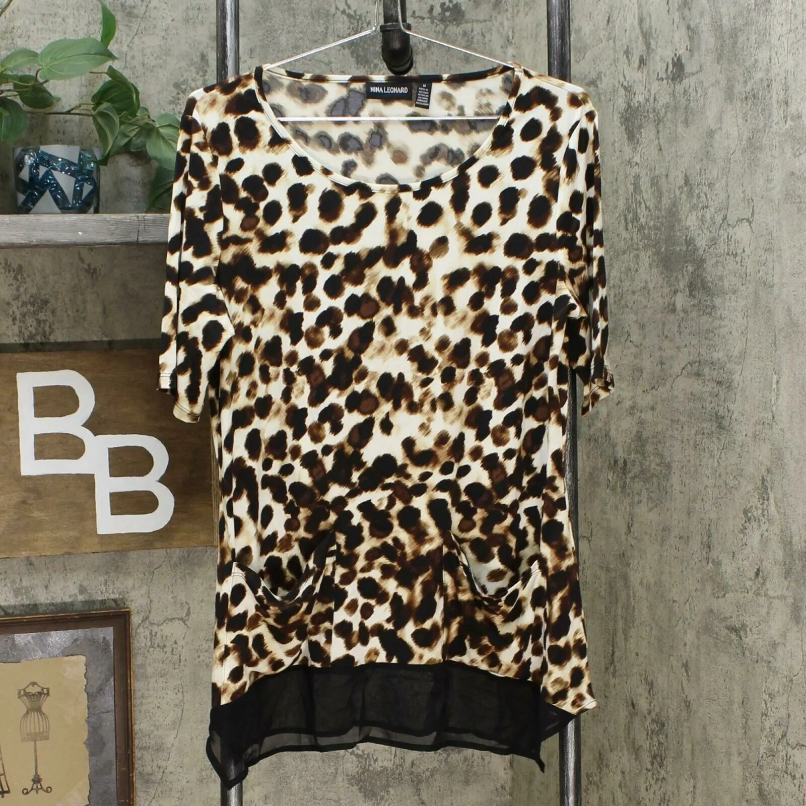 Nina Leonard Women's Mixed Media Tunic Top With Pockets Neutral Animal Medium