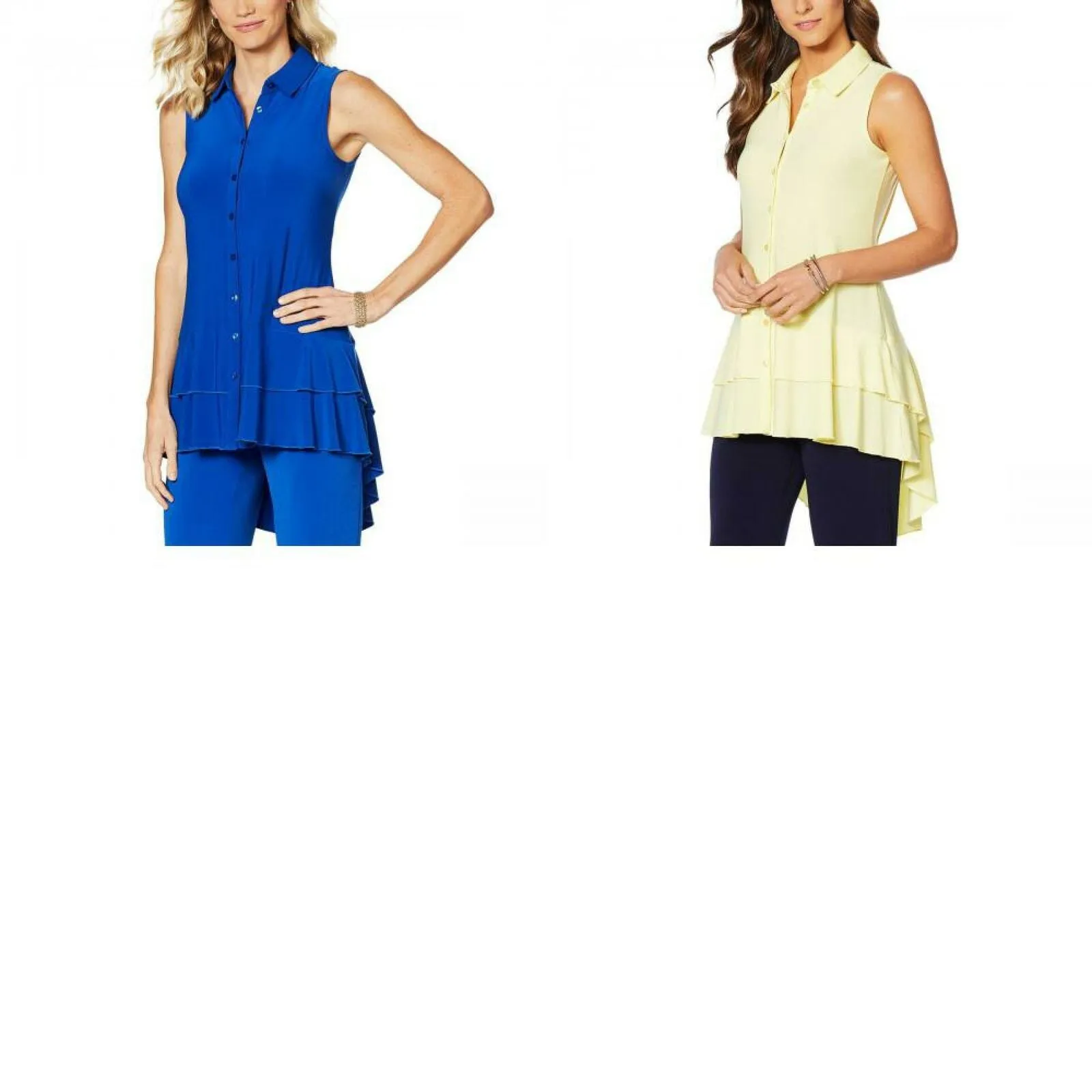 Nina Leonard Women's Sleeveless Collared Tunic Top With Ruffle Hem
