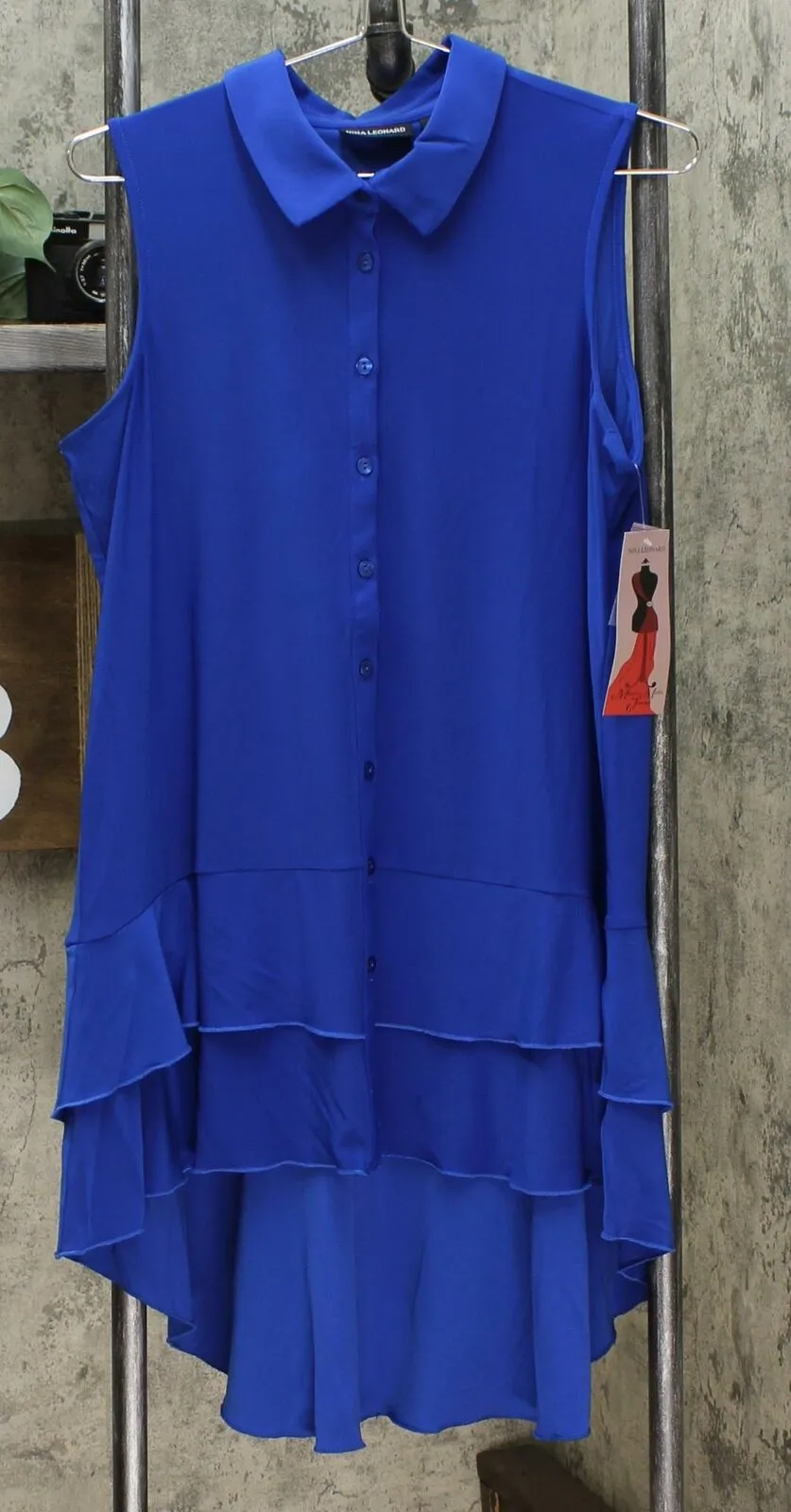Nina Leonard Women's Sleeveless Collared Tunic Top With Ruffle Hem