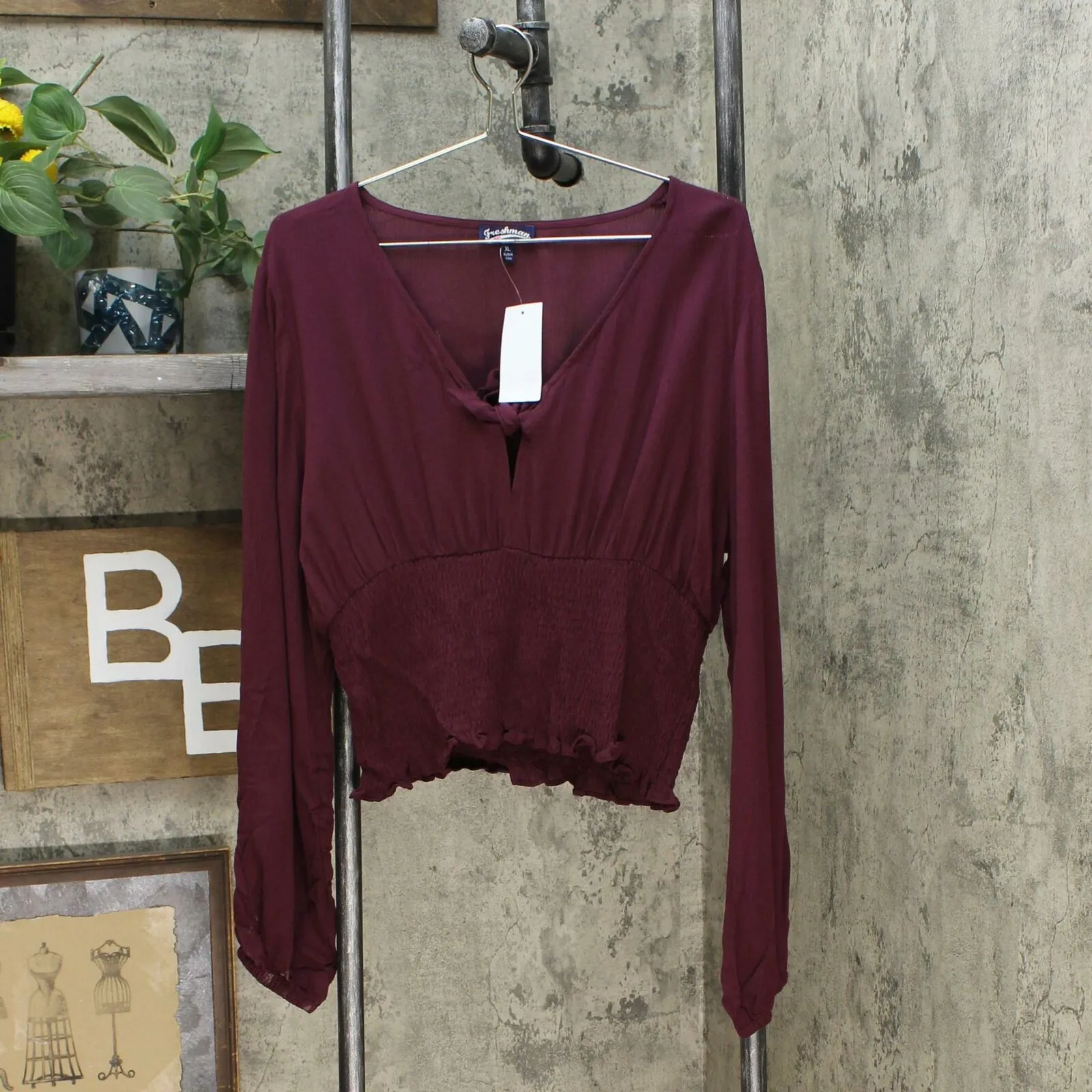 NWT Freshman Women's Smocked Bodice Tie Front Blouse. 1W103131MC X-Large