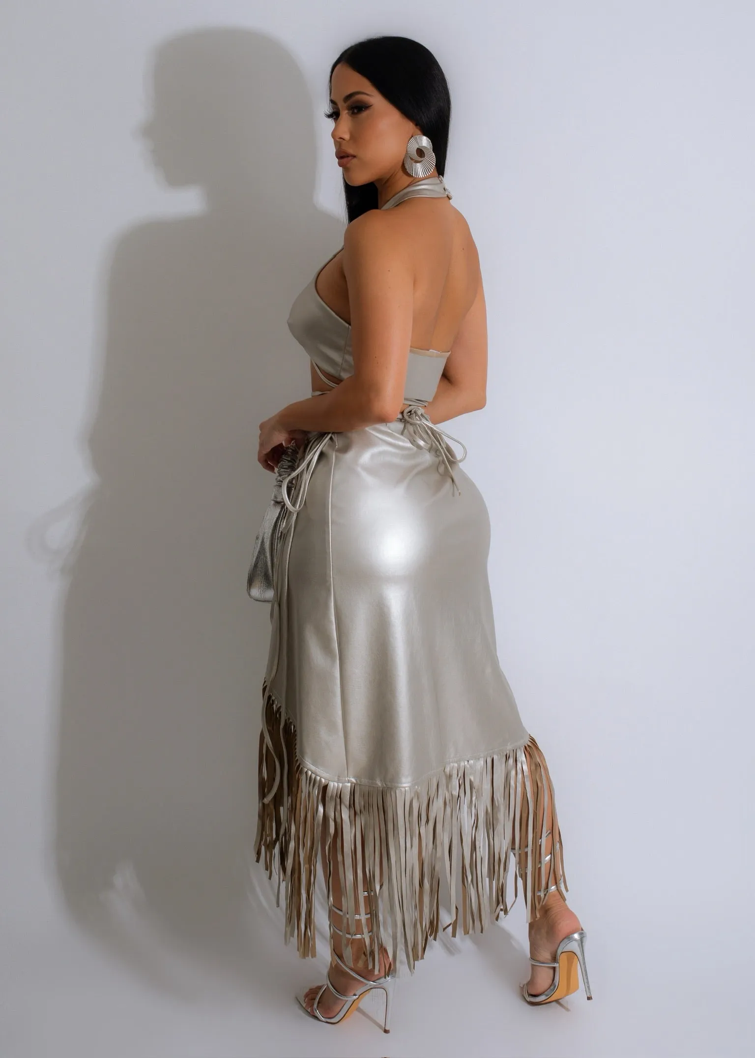 Of Impact Fringe Faux Leather Skirt Set Silver