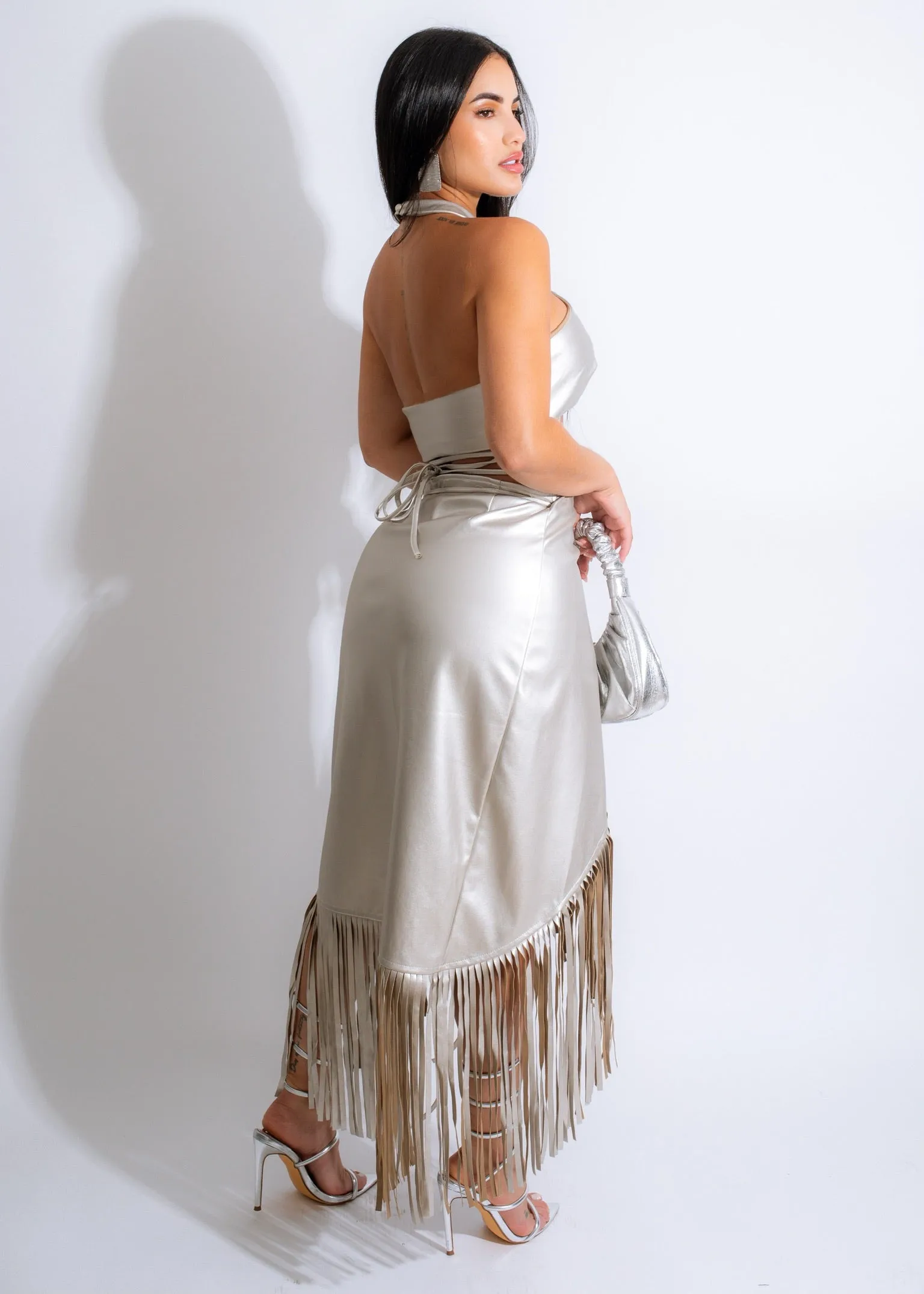 Of Impact Fringe Faux Leather Skirt Set Silver