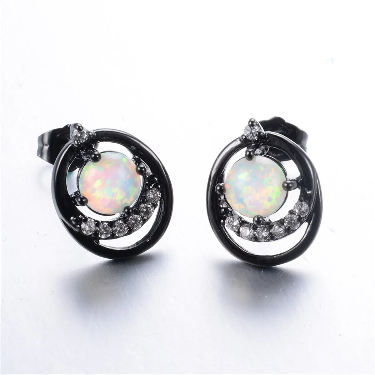 Opal & Cubic Zirconia Black Ripple Stud Earrings