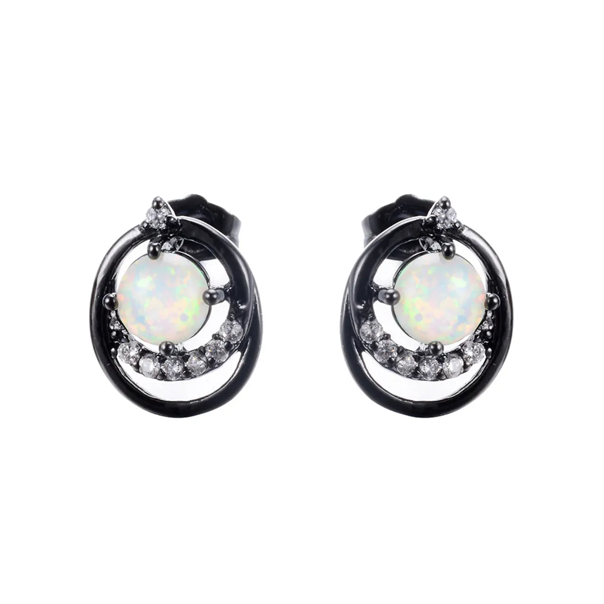 Opal & Cubic Zirconia Black Ripple Stud Earrings