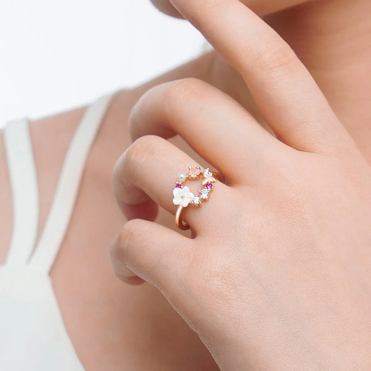 Opal & Pearl 18k Rose Gold-Plated Floral Open-Circle Ring