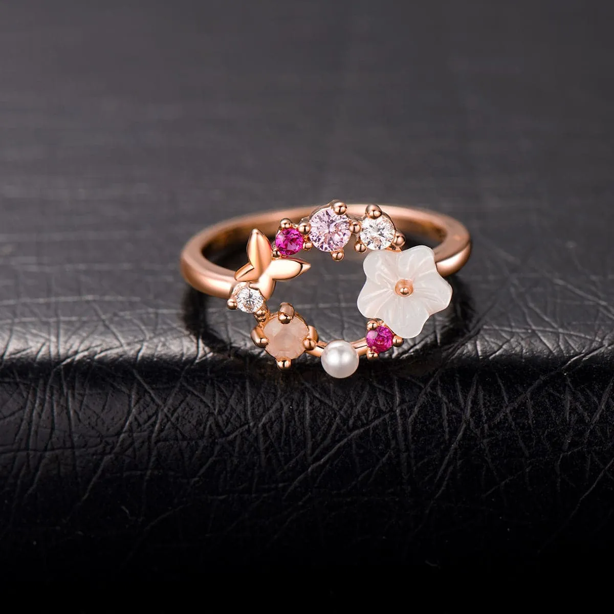 Opal & Pearl 18k Rose Gold-Plated Floral Open-Circle Ring