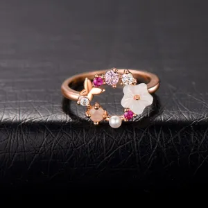 Opal & Pearl 18k Rose Gold-Plated Floral Open-Circle Ring