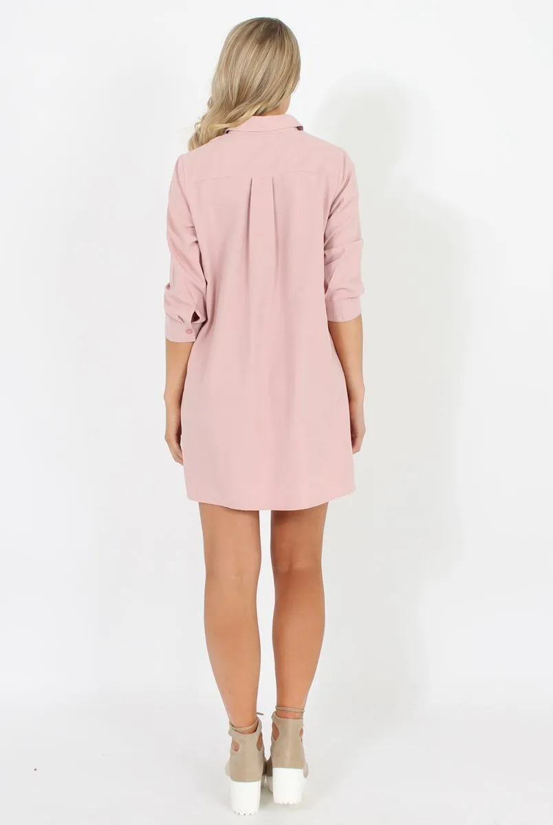 Pastel Pink Button Front Shirt Dress- Mina