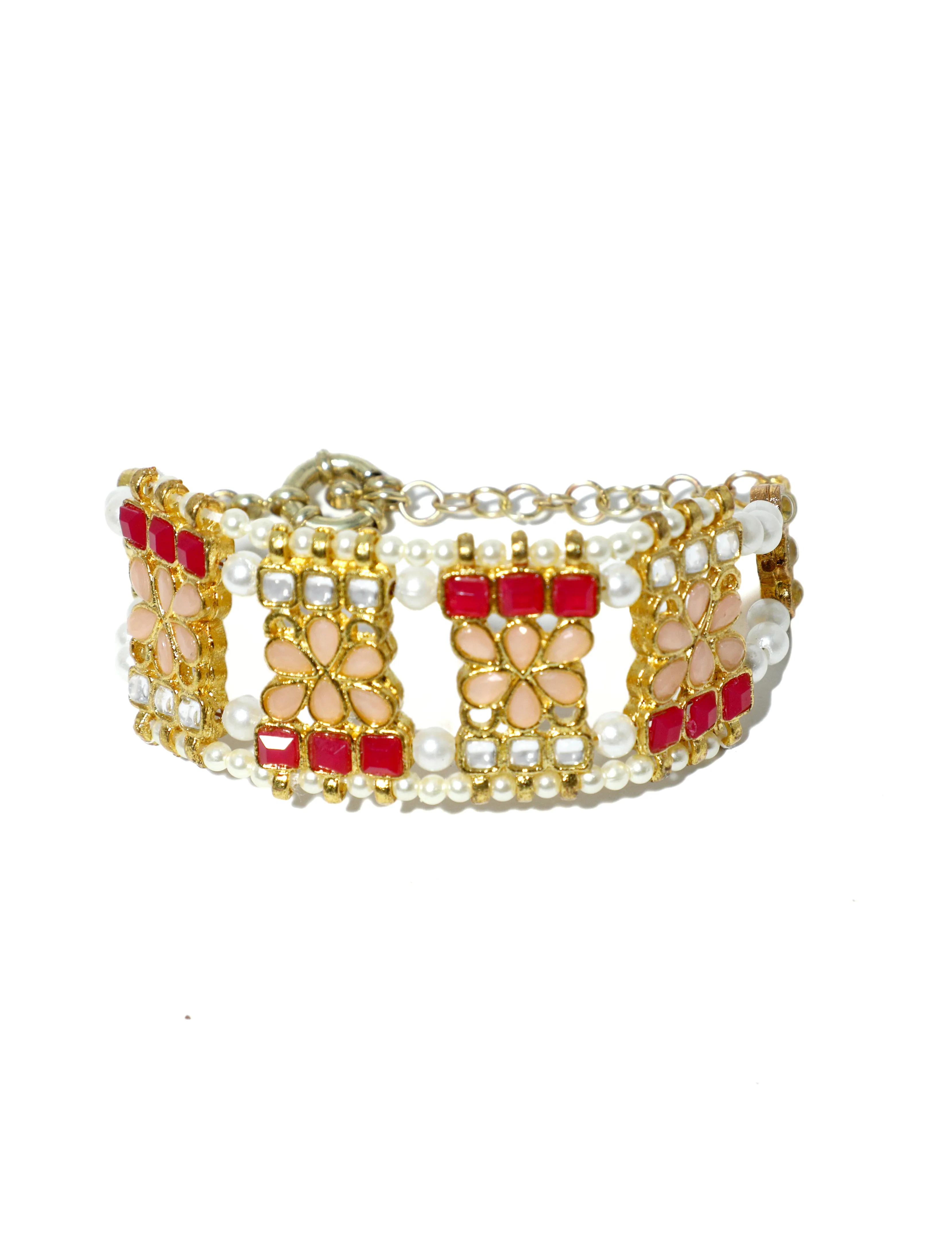 Peach and Ruby Kundan Studded Handcrafted Bracelet