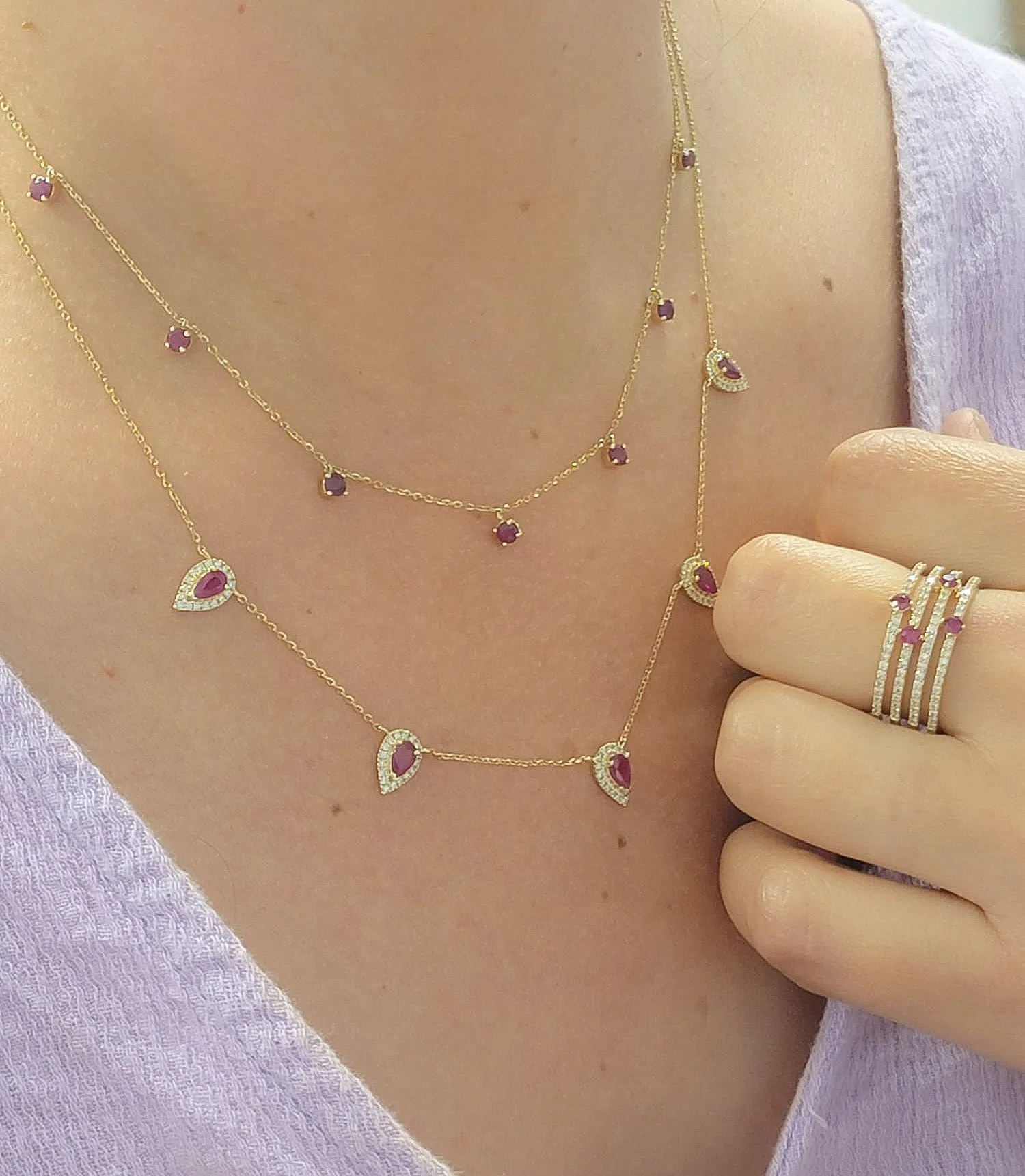 Pear Shape Precious Color Stone and Diamond Necklace