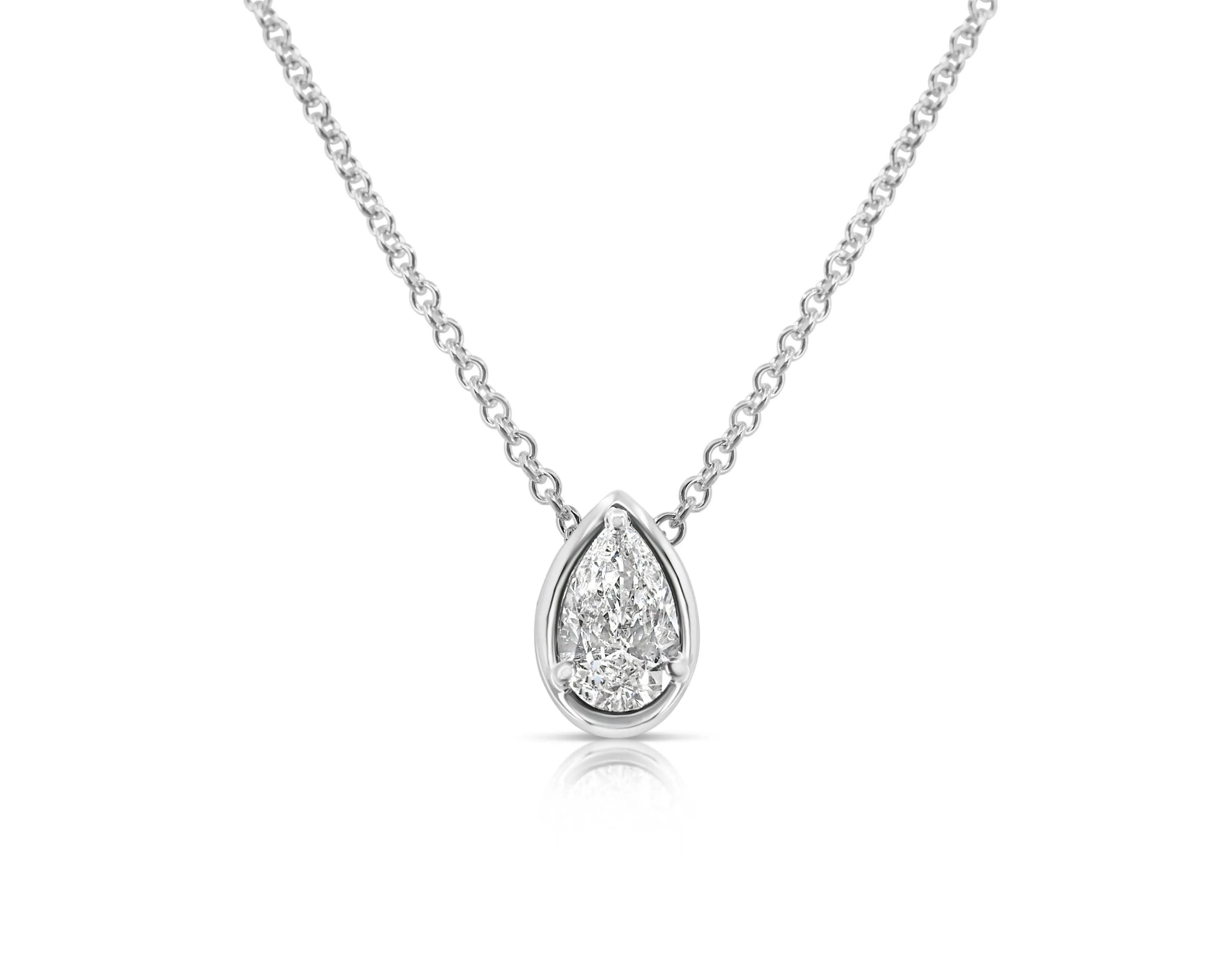 Pear-Shaped Single Solitaire Diamond Necklace -White Gold