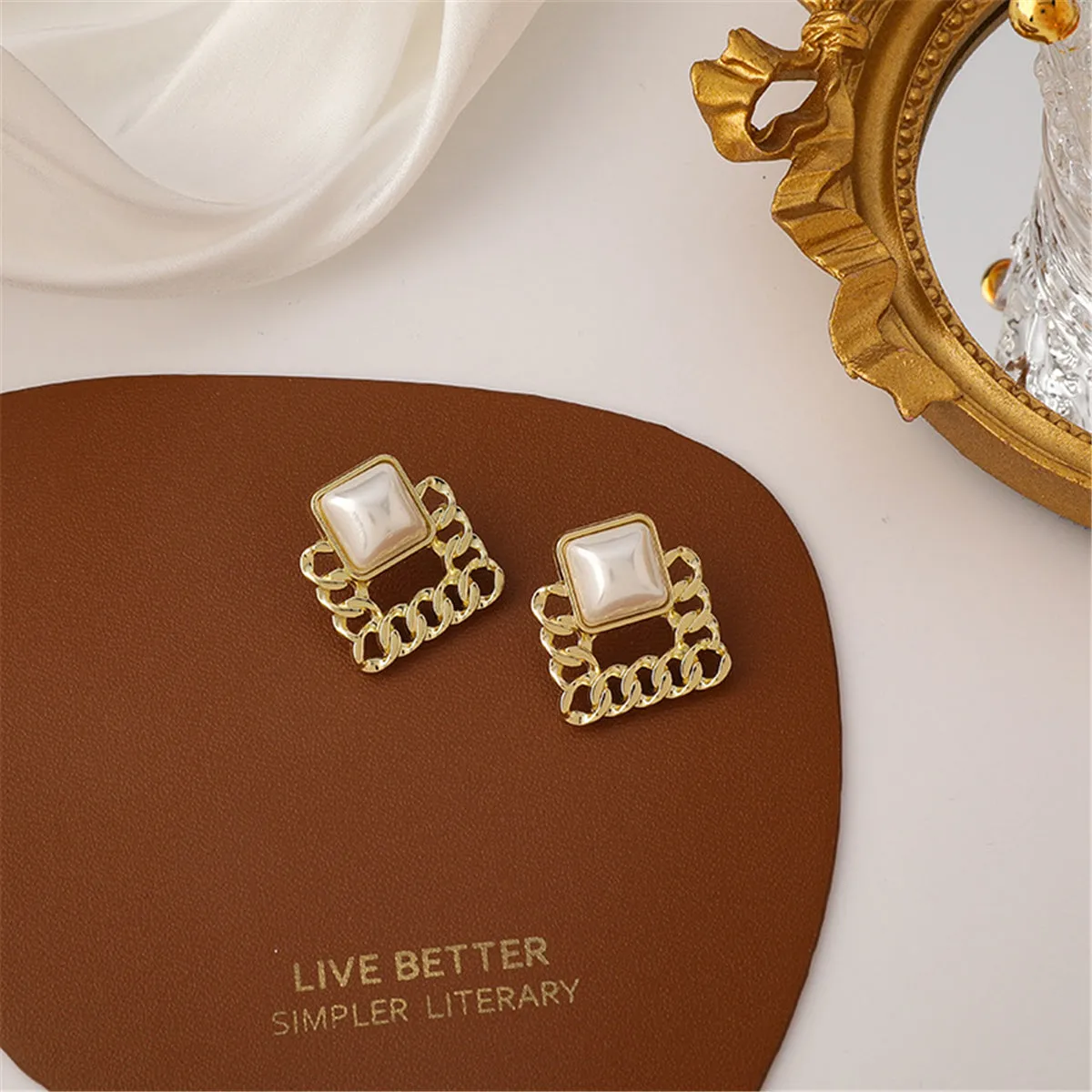 Pearl 18K Gold-Plated Figaro Square Stud Earrings