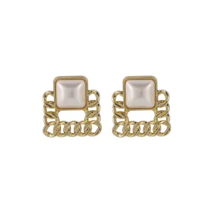 Pearl 18K Gold-Plated Figaro Square Stud Earrings