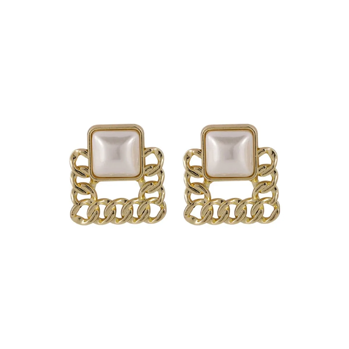 Pearl 18K Gold-Plated Figaro Square Stud Earrings