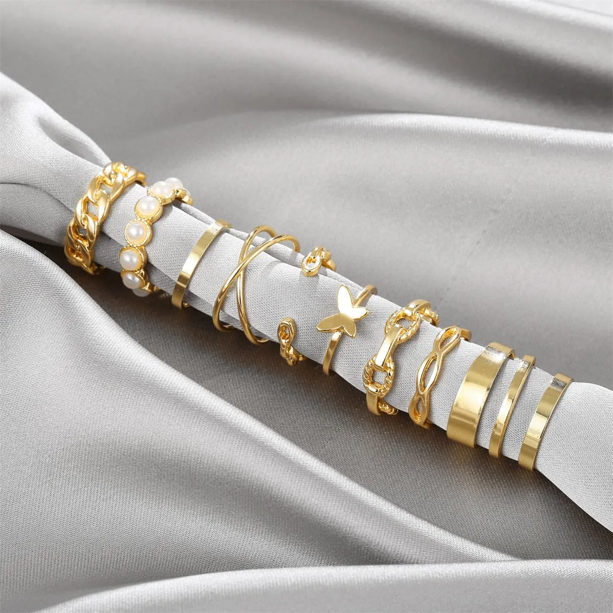 Pearl & 18K Gold-Plated Butterfly Link Band Ring Set