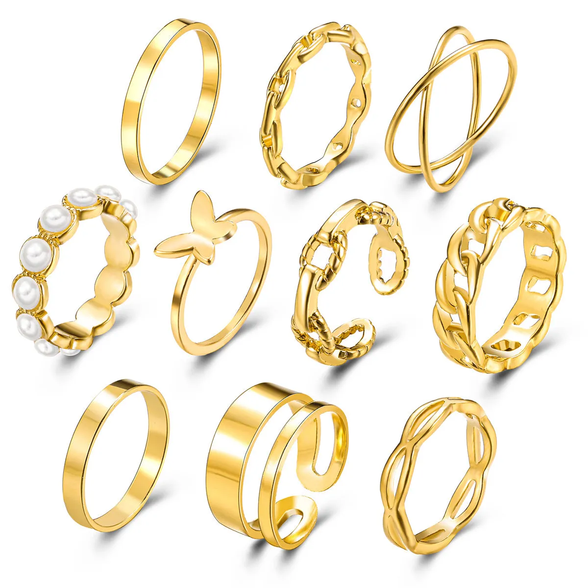 Pearl & 18K Gold-Plated Butterfly Link Band Ring Set