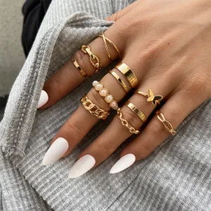 Pearl & 18K Gold-Plated Butterfly Link Band Ring Set