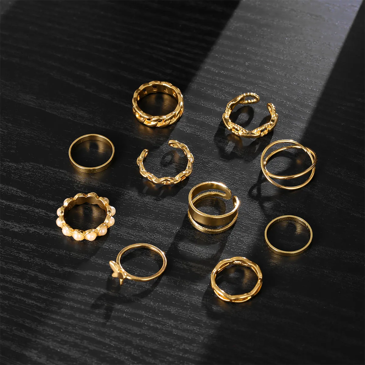 Pearl & 18K Gold-Plated Butterfly Link Band Ring Set