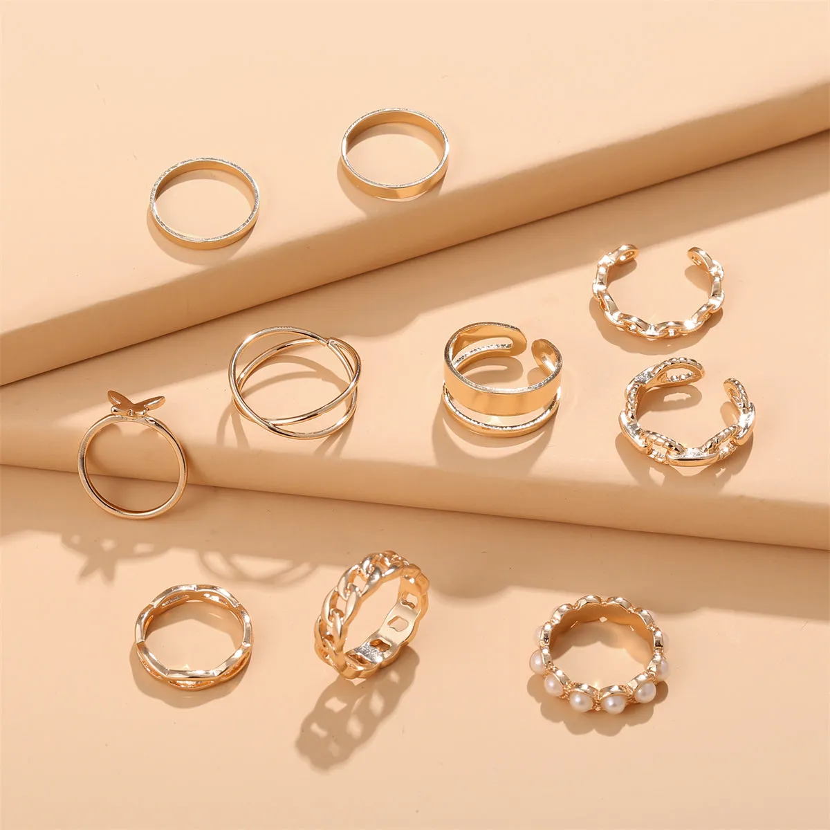 Pearl & 18K Gold-Plated Butterfly Link Band Ring Set