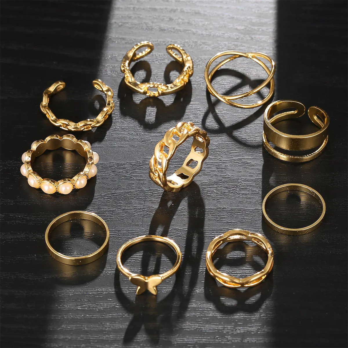 Pearl & 18K Gold-Plated Butterfly Link Band Ring Set