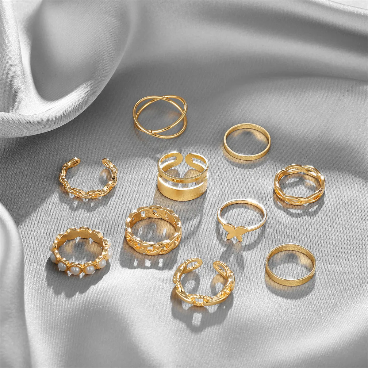 Pearl & 18K Gold-Plated Butterfly Link Band Ring Set