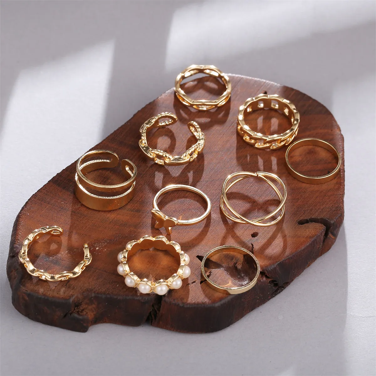 Pearl & 18K Gold-Plated Butterfly Link Band Ring Set