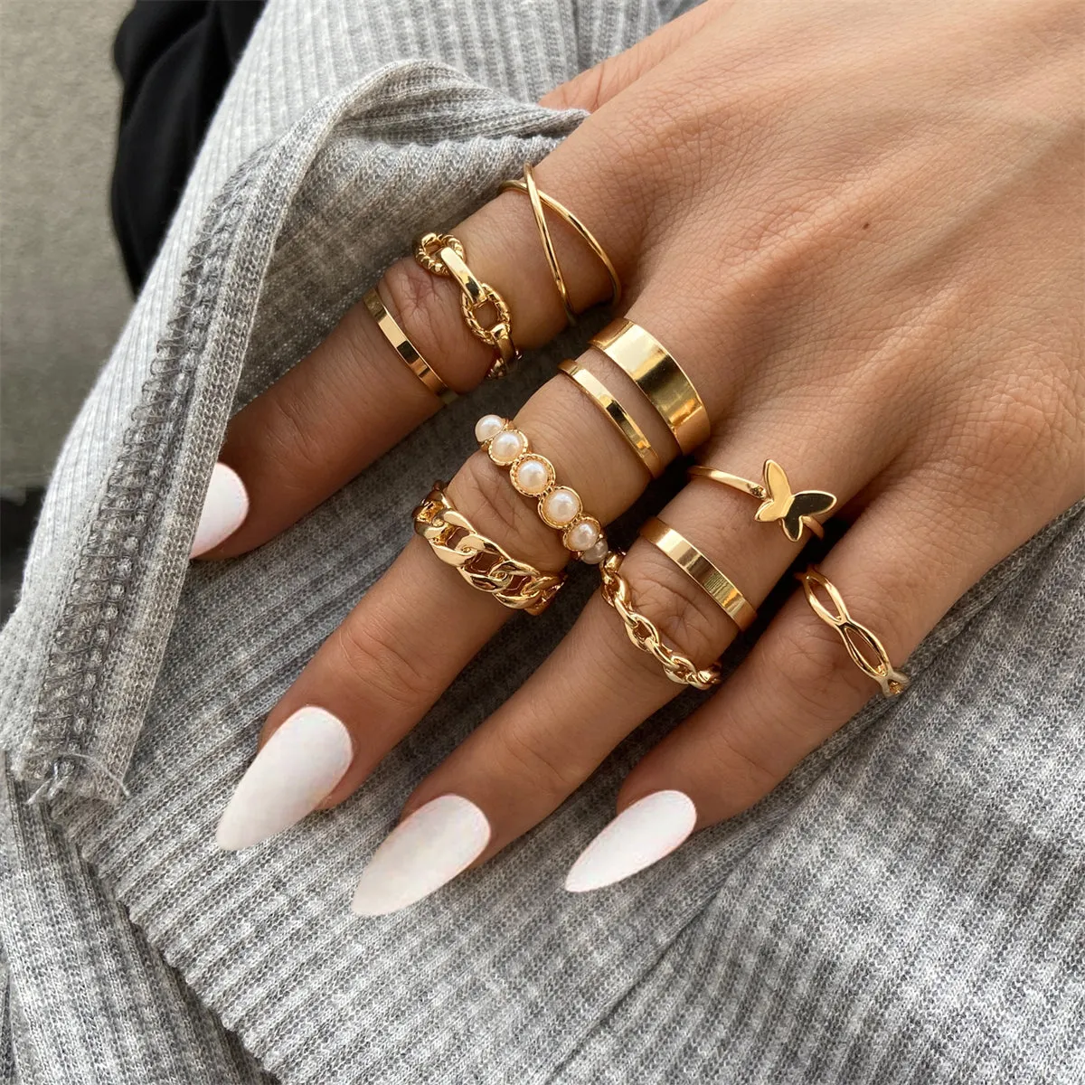 Pearl & 18K Gold-Plated Butterfly Link Band Ring Set